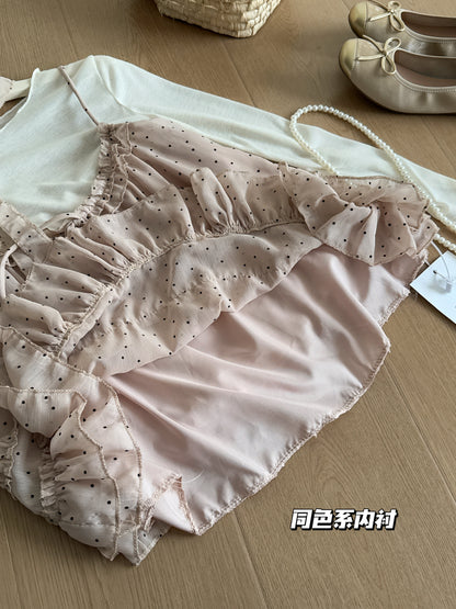 【F60512】韓系甜美層次感✨純色內搭+點點花邊細肩帶 兩件套裝260316