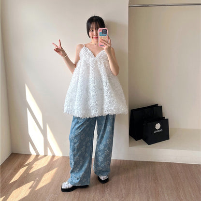 【F60546】東大門仙女款🕊️復古重工V領立體鉤花小隻女細肩帶洋裝260413