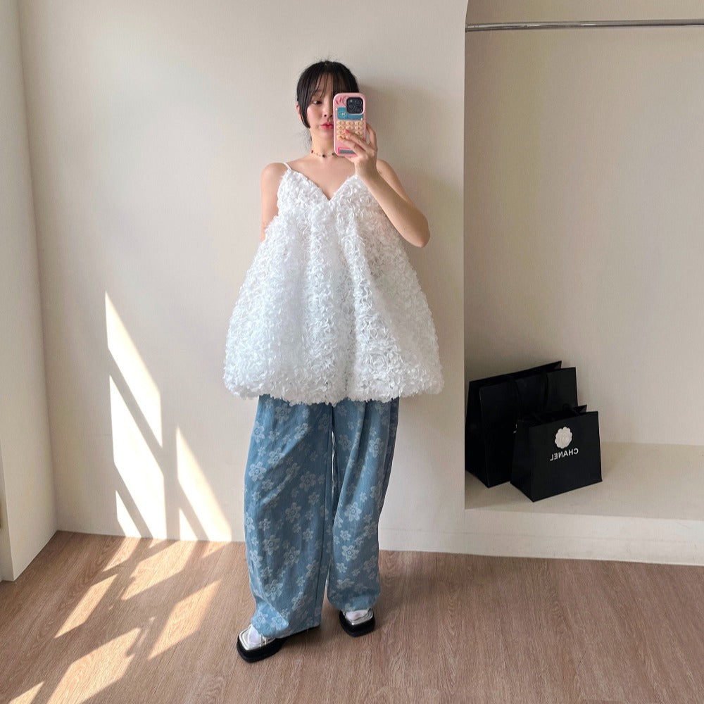 【F60546】東大門仙女款🕊️復古重工V領立體鉤花小隻女細肩帶洋裝260413
