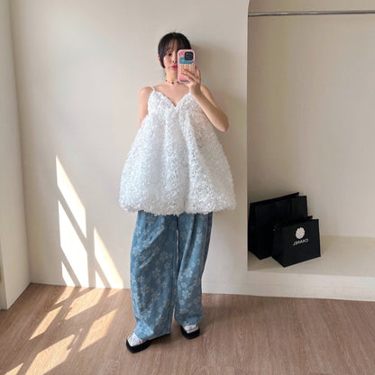 【F60546】東大門仙女款🕊️復古重工V領立體鉤花小隻女細肩帶洋裝260413