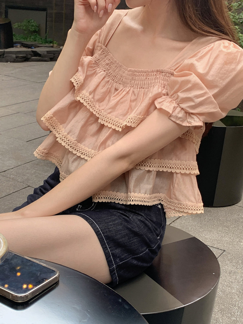【F60685】精緻少女・重工蕾絲花邊長袖雪紡襯衫260825