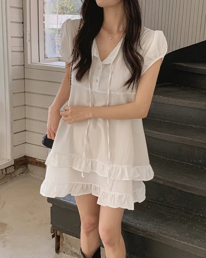 【F60627】小隻女專屬甜美🤍溫柔雙層荷葉邊綁帶半開領連身洋裝260609
