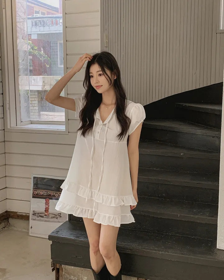 【F60627】小隻女專屬甜美🤍溫柔雙層荷葉邊綁帶半開領連身洋裝260609
