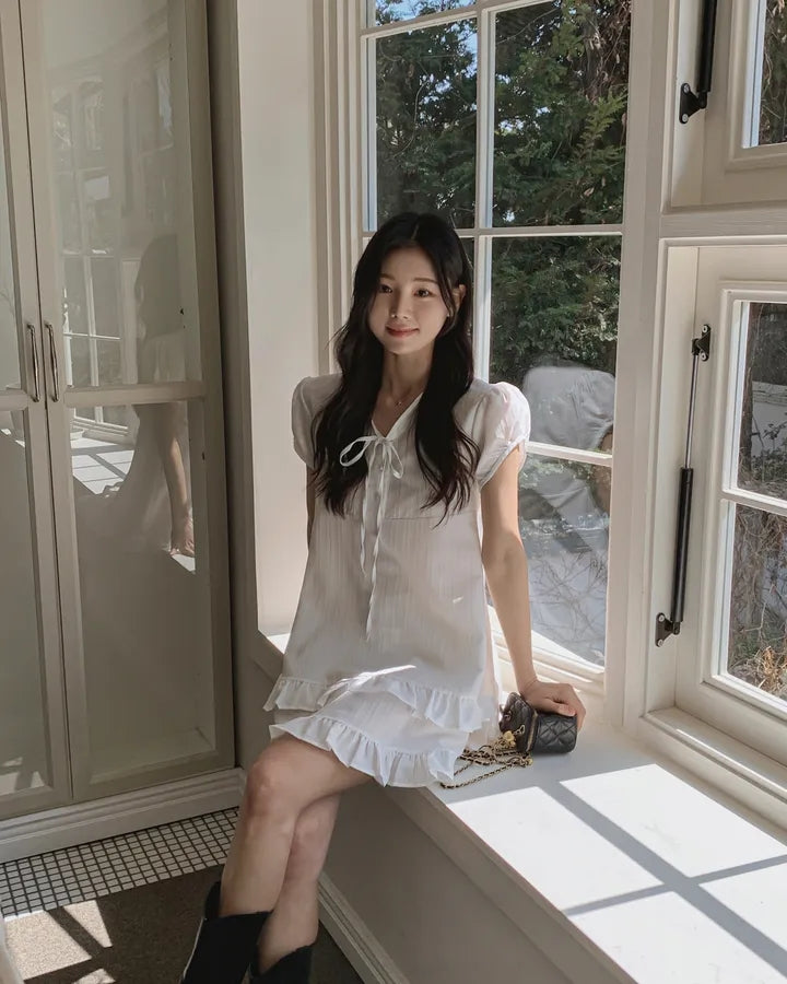 【F60627】小隻女專屬甜美🤍溫柔雙層荷葉邊綁帶半開領連身洋裝260609