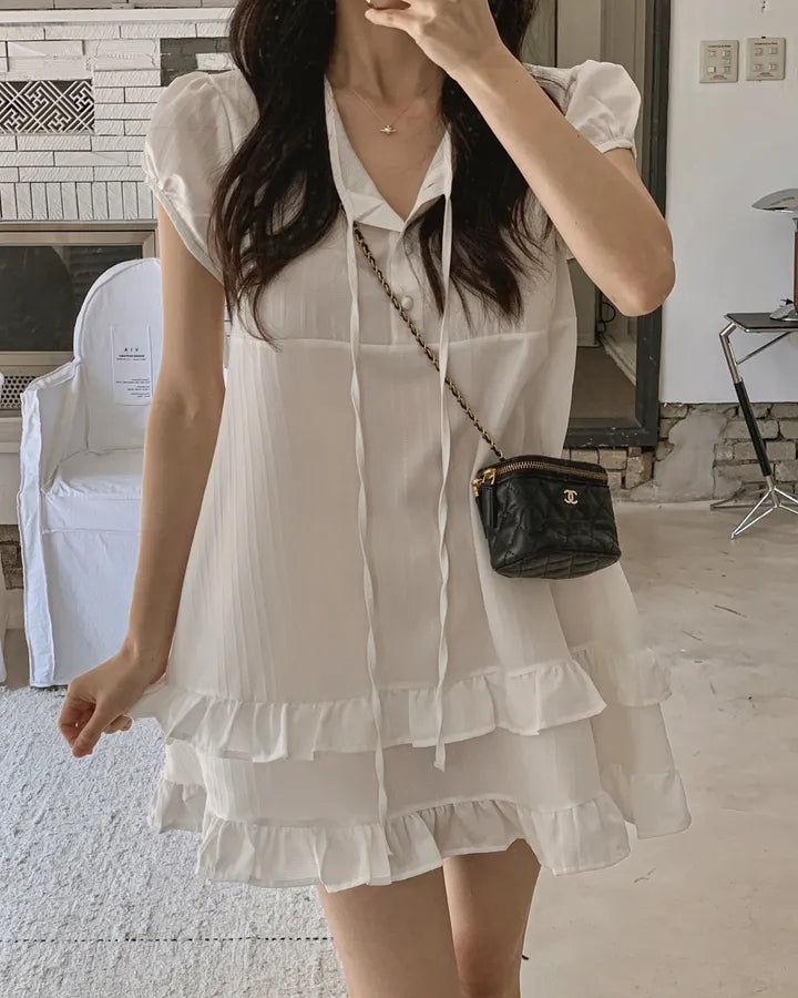 【F60627】小隻女專屬甜美🤍溫柔雙層荷葉邊綁帶半開領連身洋裝260609