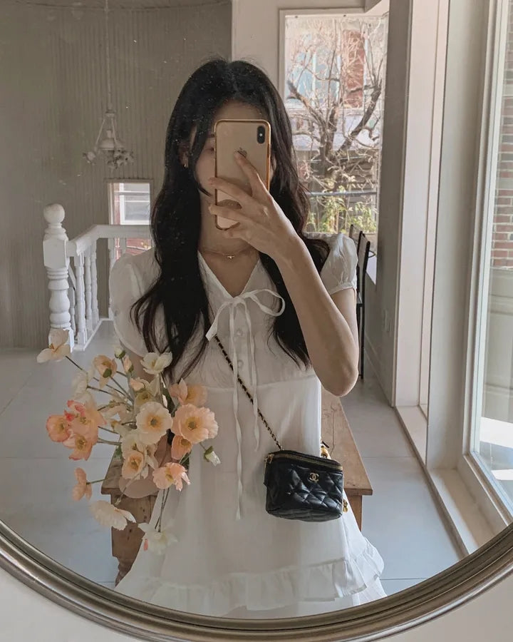 【F60627】小隻女專屬甜美🤍溫柔雙層荷葉邊綁帶半開領連身洋裝260609