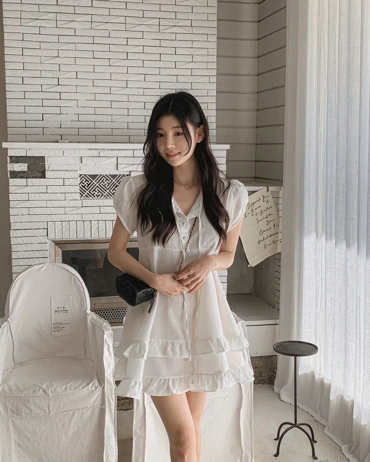 【F60627】小隻女專屬甜美🤍溫柔雙層荷葉邊綁帶半開領連身洋裝260609
