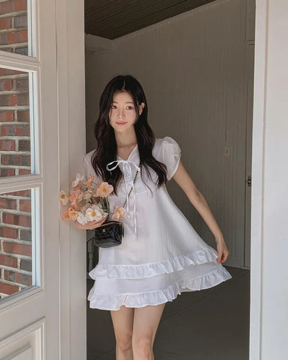 【F60627】小隻女專屬甜美🤍溫柔雙層荷葉邊綁帶半開領連身洋裝260609