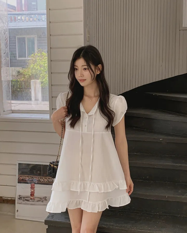 【F60627】小隻女專屬甜美🤍溫柔雙層荷葉邊綁帶半開領連身洋裝260609