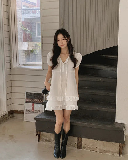 【F60627】小隻女專屬甜美🤍溫柔雙層荷葉邊綁帶半開領連身洋裝260609