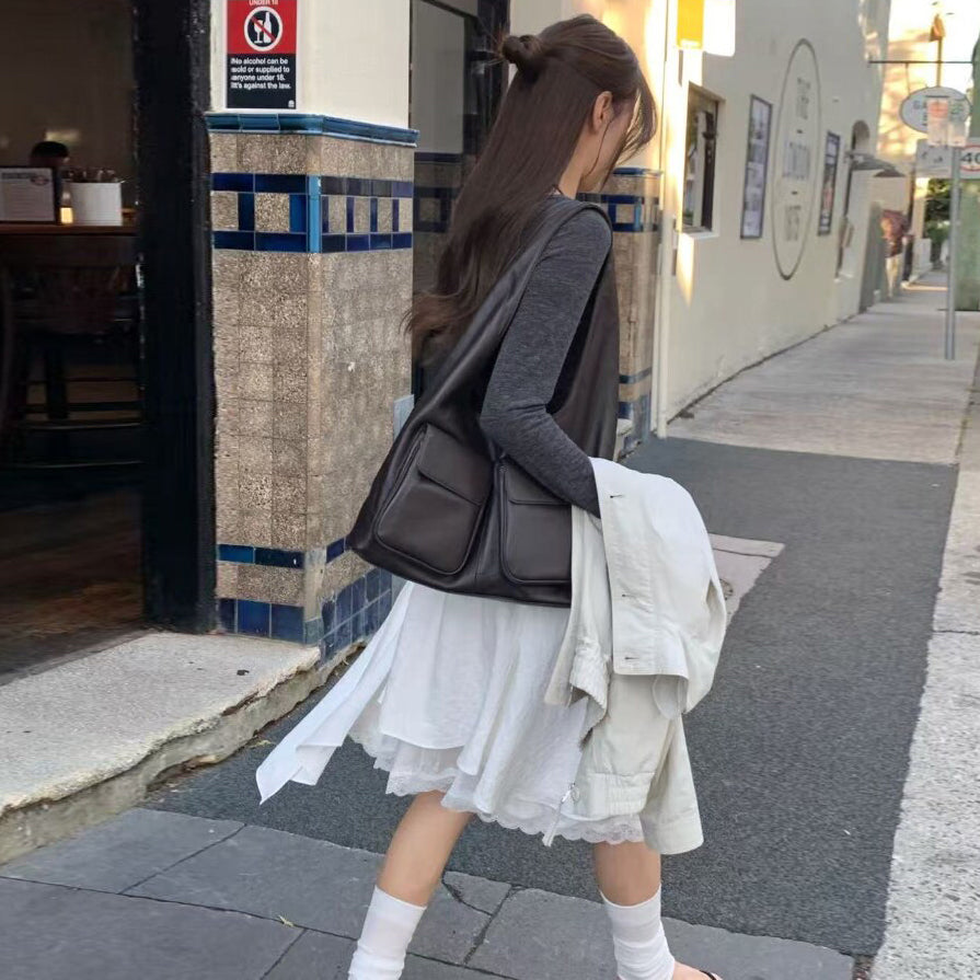 【F60810】韓系設計感・不規則蕾絲拼接裙（鬆緊腰）261019