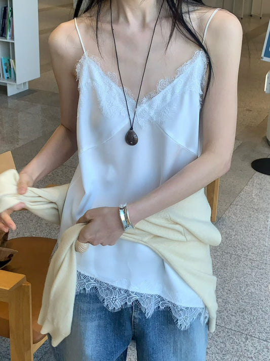 【F60543】韓系仙氣層次疊穿☁️不規則蕾絲透膚外搭細肩帶背心260413