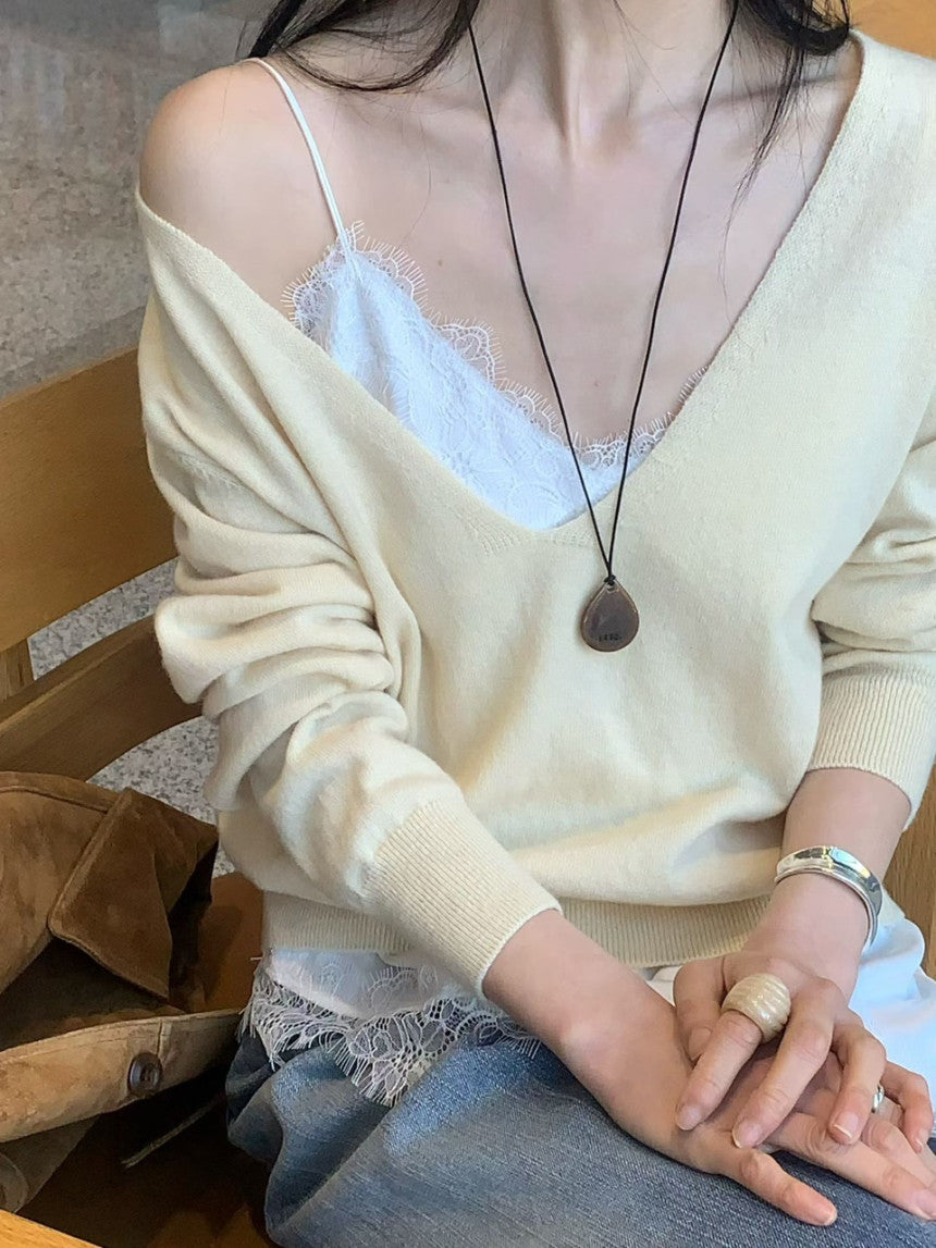 【F60543】韓系仙氣層次疊穿☁️不規則蕾絲透膚外搭細肩帶背心260413