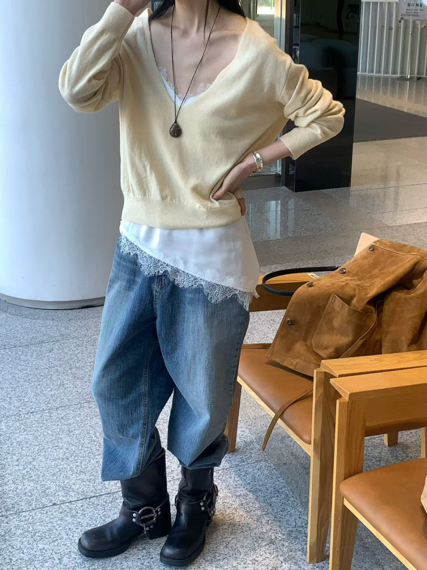 【F60543】韓系仙氣層次疊穿☁️不規則蕾絲透膚外搭細肩帶背心260413