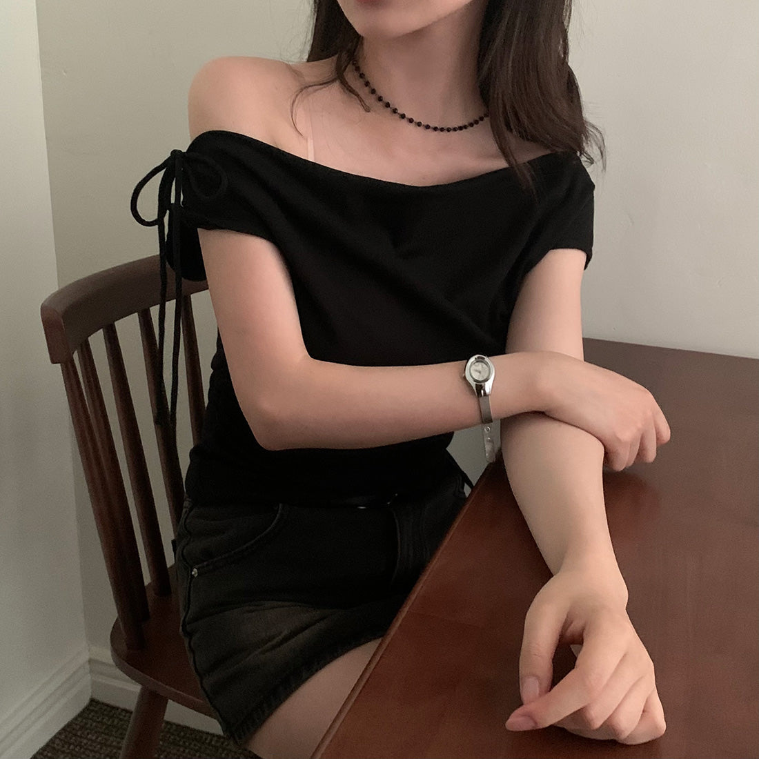 【F60534】韓系純慾微性感💋氣質露肩一字領收腰顯瘦短袖上衣260413