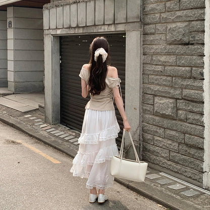 【F60534】韓系純慾微性感💋氣質露肩一字領收腰顯瘦短袖上衣260413