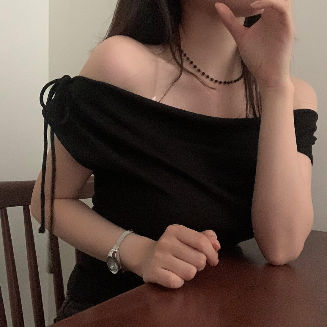 【F60534】韓系純慾微性感💋氣質露肩一字領收腰顯瘦短袖上衣260413