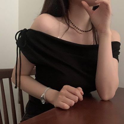【F60534】韓系純慾微性感💋氣質露肩一字領收腰顯瘦短袖上衣260413