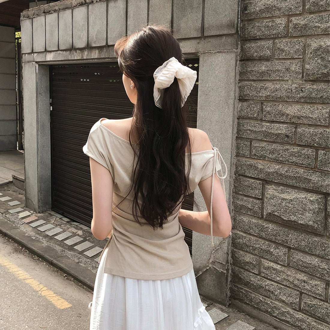 【F60534】韓系純慾微性感💋氣質露肩一字領收腰顯瘦短袖上衣260413