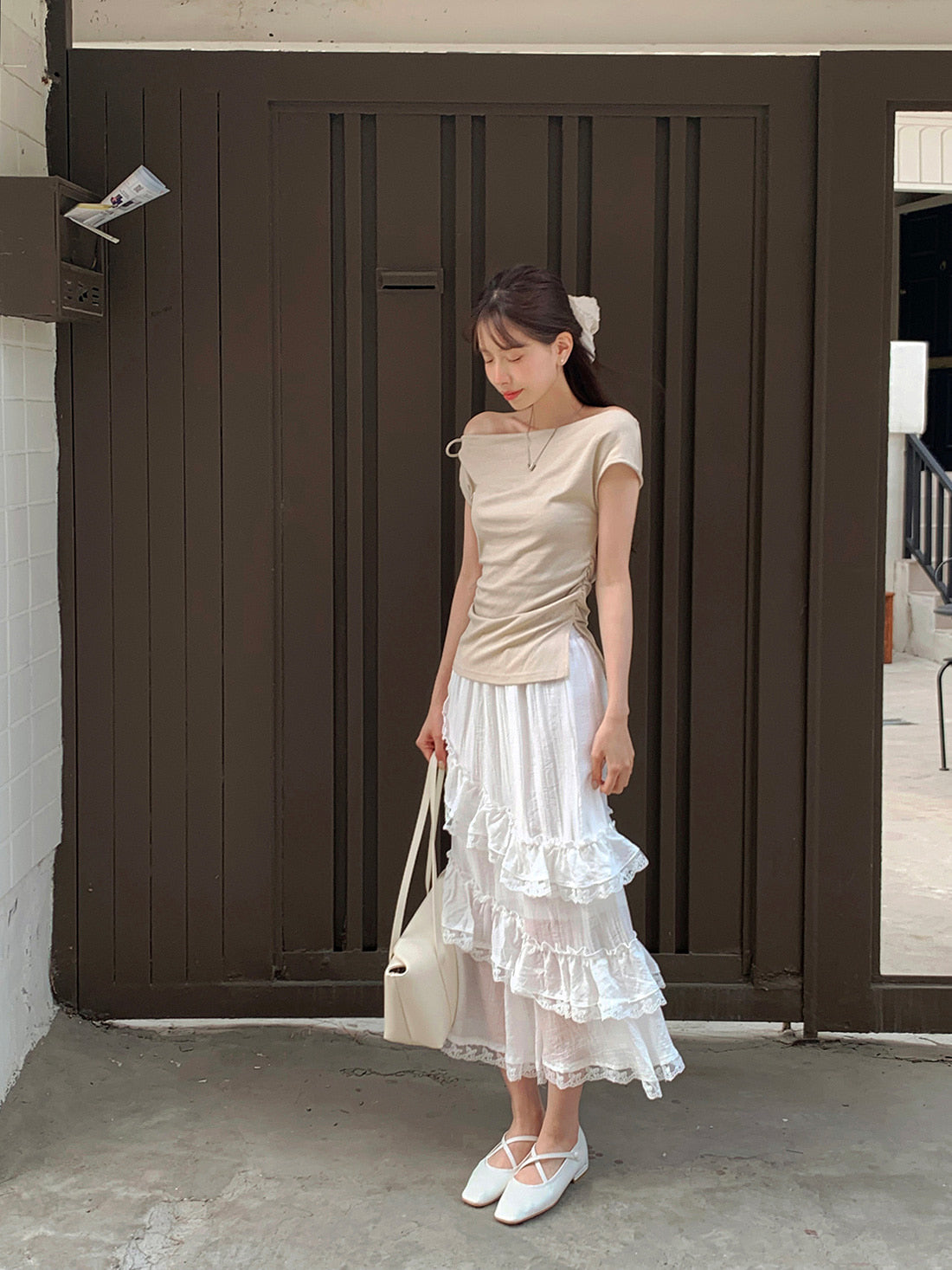 【F60534】韓系純慾微性感💋氣質露肩一字領收腰顯瘦短袖上衣260413