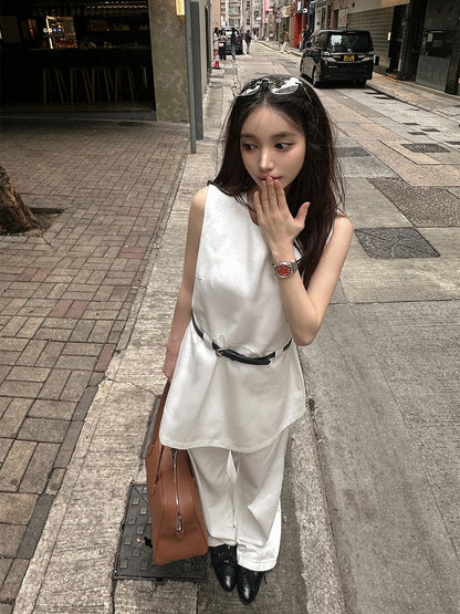 【F60597】復古極簡穿搭🖤小眾圓領無袖背心長上衣(附腰帶)260504