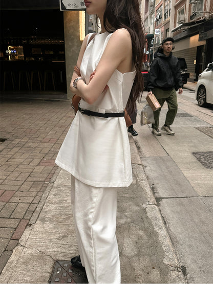 【F60597】復古極簡穿搭🖤小眾圓領無袖背心長上衣(附腰帶)260504