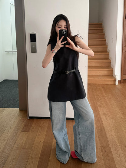 【F60597】復古極簡穿搭🖤小眾圓領無袖背心長上衣(附腰帶)260504