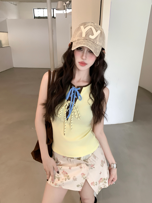 【F60560】美式純慾辣妹💋撞色綁帶針織背心設計感圓領細肩帶上衣260413