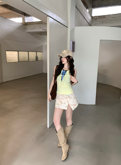 【F60560】美式純慾辣妹💋撞色綁帶針織背心設計感圓領細肩帶上衣260413