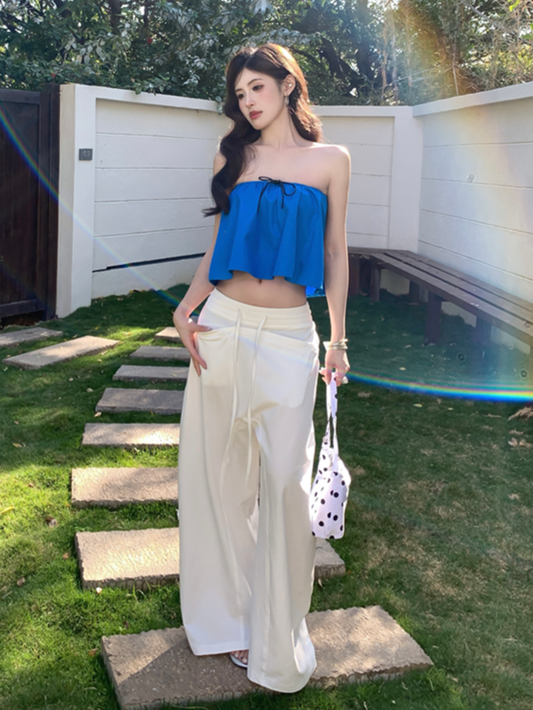 【F60559】美式復古慵懶風👖前插口袋抽繩設計感廓形低腰彎刀休閒寬褲260413