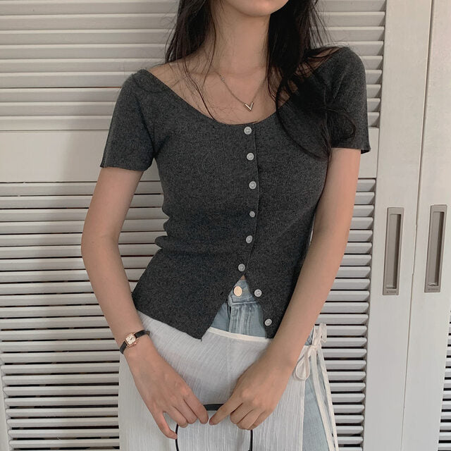 【F60573】韓系chic微性感✨氣質V領露肩修身顯瘦薄款針織上衣260504