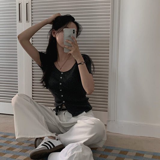 【F60573】韓系chic微性感✨氣質V領露肩修身顯瘦薄款針織上衣260504