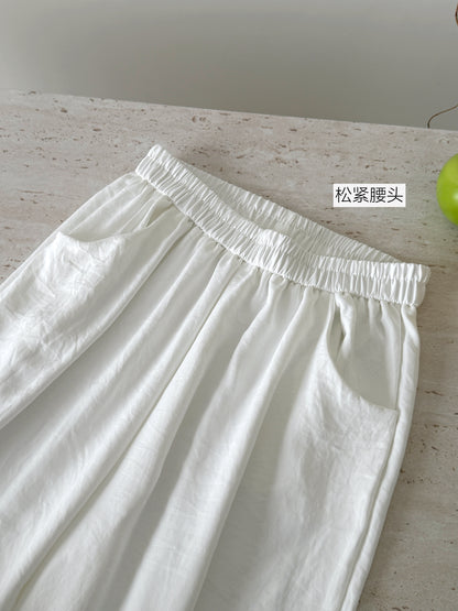 【F60585】實拍清冷感高級氛圍☕氣質飄帶無袖上衣+白色垂墜感寬褲 套裝260504