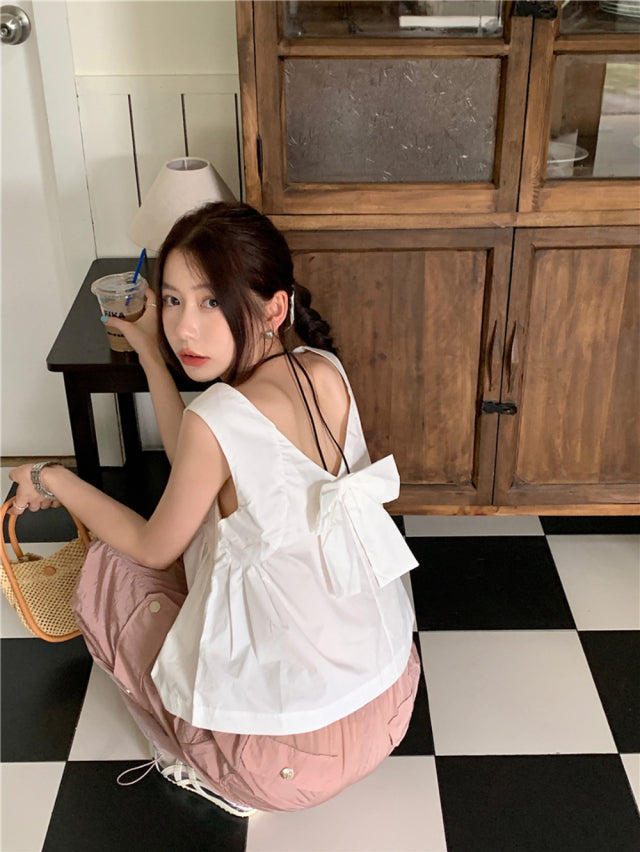 【F60653】韓系甜美少女感🎀小眾設計蝴蝶結兩穿寬鬆無袖背心F60642