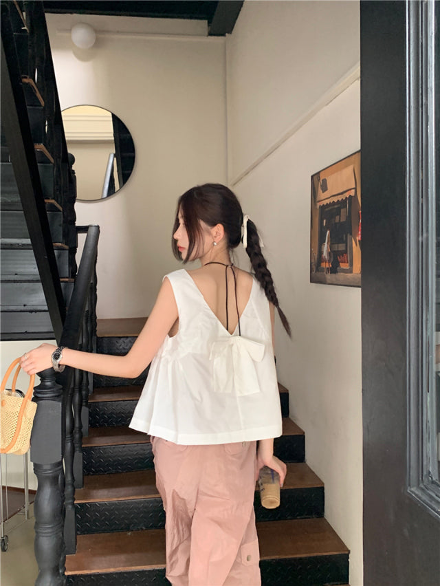 【F60653】韓系甜美少女感🎀小眾設計蝴蝶結兩穿寬鬆無袖背心F60642