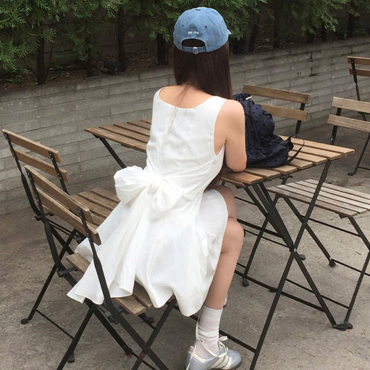 【F60574】甜美初戀感🎀前後皆可綁帶蝴蝶結氣質連身短洋裝260504