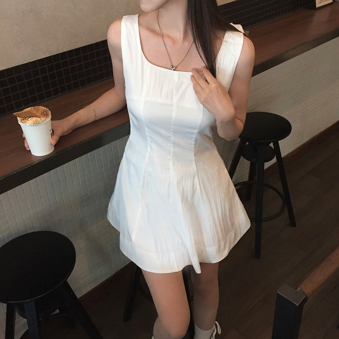 【F60574】甜美初戀感🎀前後皆可綁帶蝴蝶結氣質連身短洋裝260504