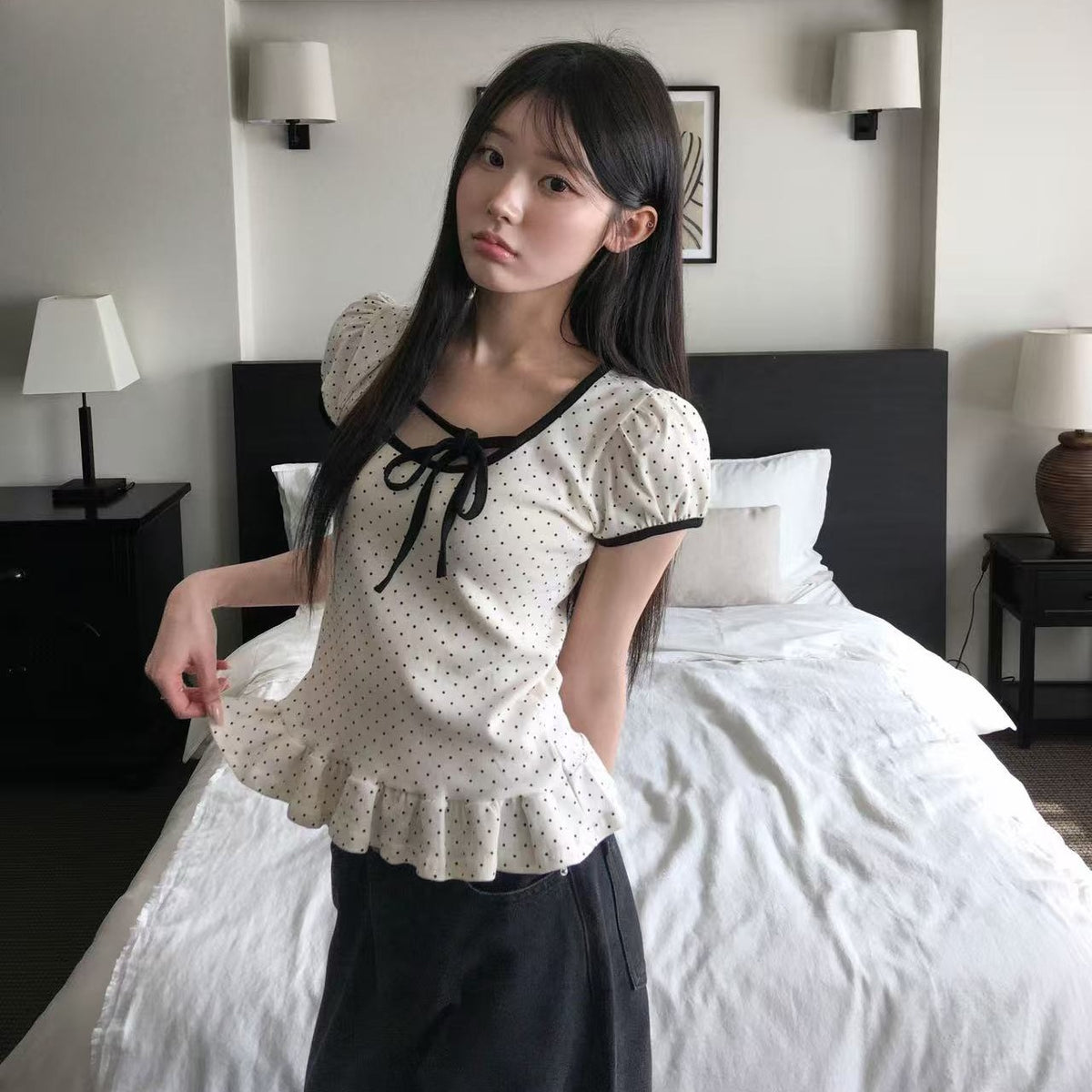 【F60713】韓系甜美・設計感綁帶點點短袖T恤260914