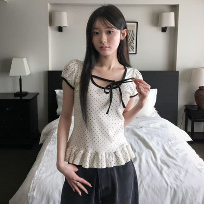 【F60713】韓系甜美・設計感綁帶點點短袖T恤260914