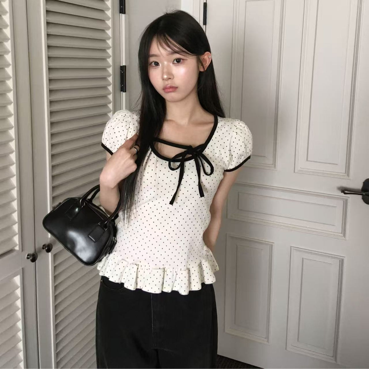 【F60713】韓系甜美・設計感綁帶點點短袖T恤260914