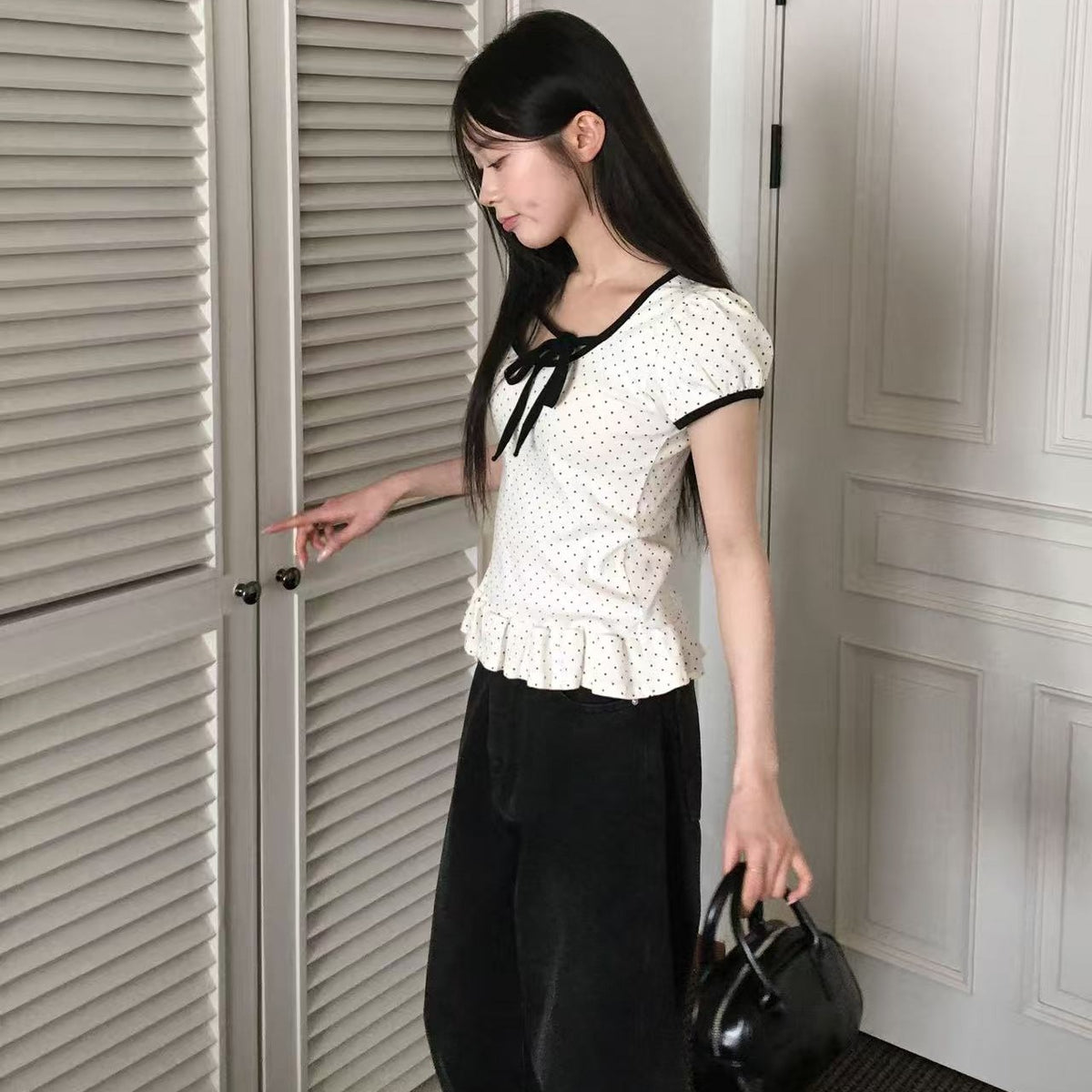 【F60713】韓系甜美・設計感綁帶點點短袖T恤260914