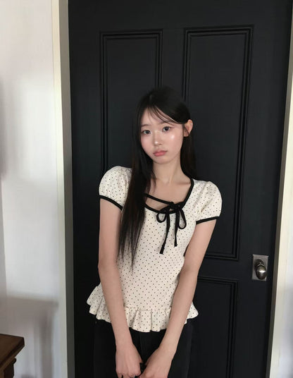 【F60713】韓系甜美・設計感綁帶點點短袖T恤260914