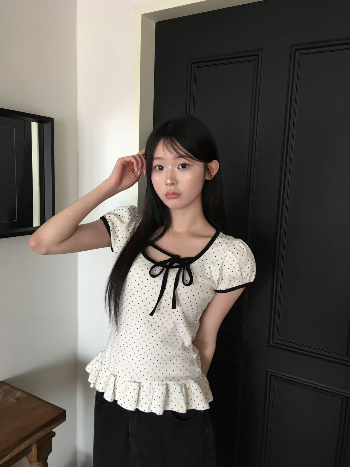 【F60713】韓系甜美・設計感綁帶點點短袖T恤260914