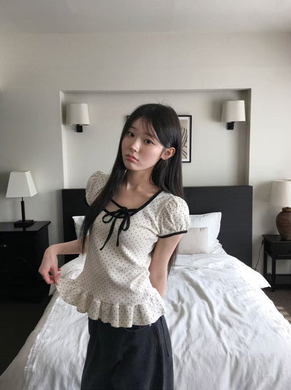 【F60713】韓系甜美・設計感綁帶點點短袖T恤260914