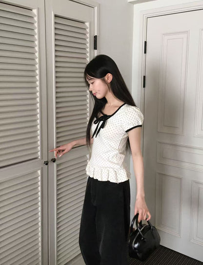 【F60713】韓系甜美・設計感綁帶點點短袖T恤260914
