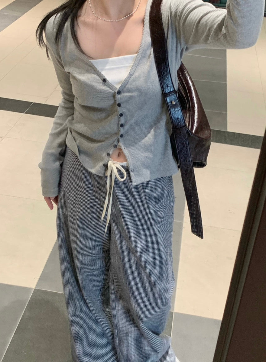【F60576】修身顯瘦神褲！韓系復古拼接抽繩闊腿褲/休閒長褲260504