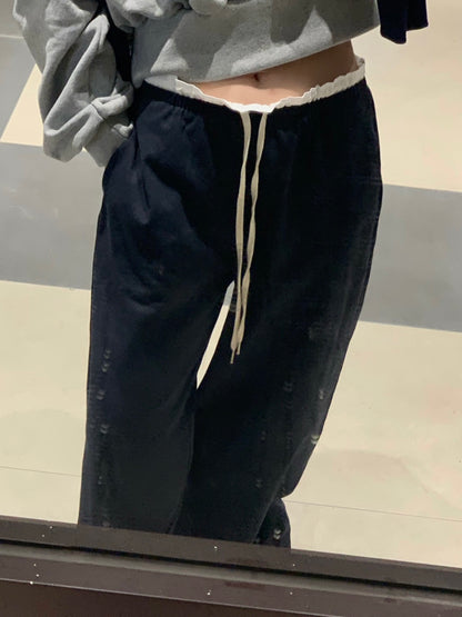【F60576】修身顯瘦神褲！韓系復古拼接抽繩闊腿褲/休閒長褲260504