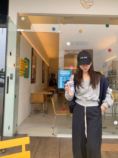 【F60576】修身顯瘦神褲！韓系復古拼接抽繩闊腿褲/休閒長褲260504