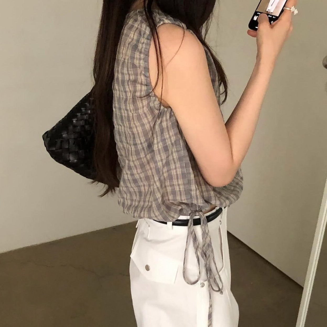 【F60577】法式甜美田園風🍒復古格紋腰部抽繩顯瘦無袖上衣260504