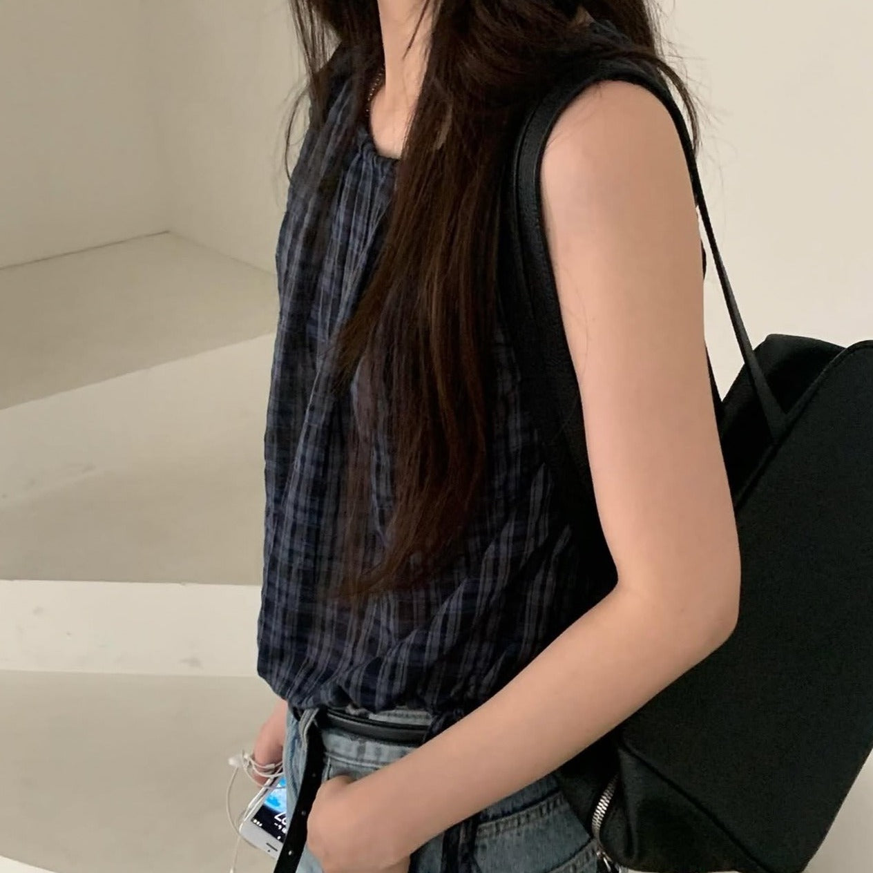 【F60577】法式甜美田園風🍒復古格紋腰部抽繩顯瘦無袖上衣260504